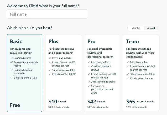 Elicit AI Pricing Plans and Subscriptions